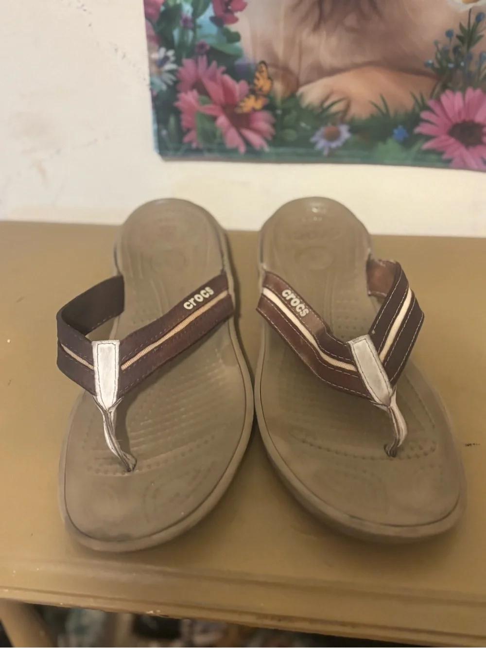 CROCS Brown and Tan Flip Thong Sandals